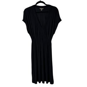 **Tommy Bahama Black Jersey Midi Dress M Smocked Waist Dolman Sleeve Stretch**